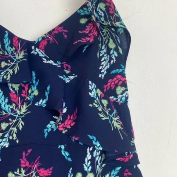 LIKELY Dress One Shoulder Floral Navy Multicolor Asymmetric Ruffles Brunch Sz 2 - Picture 4 of 7